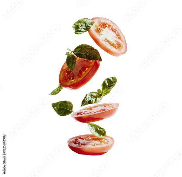 Fototapeta Sliced tomatoes and fresh basil leaves floating in air