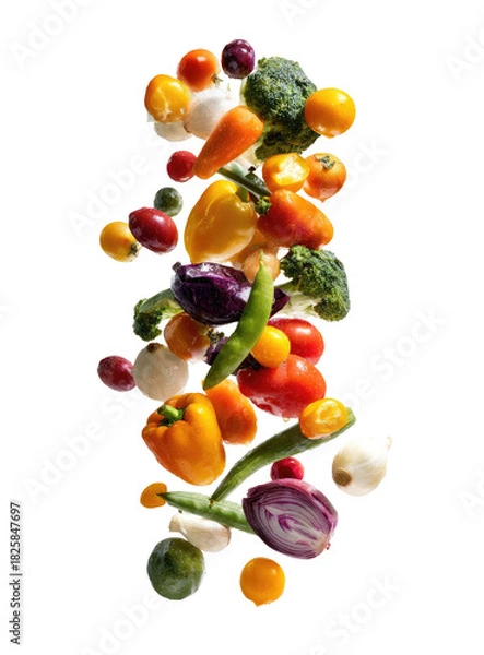 Fototapeta Assortment of colorful vegetables falling through the air