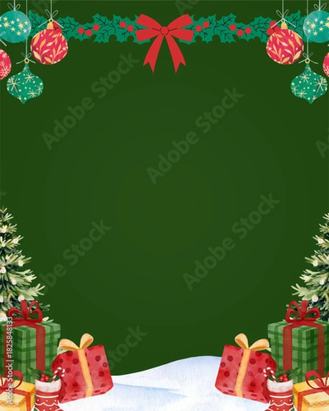 Fototapeta Christmas and New Year greeting card with green background, tree frames, gifts and festive elements. Perfect for elegant greeting cards, posters and seasonal winter designs.