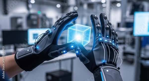 Fototapeta Person experiences VR using haptic gloves to manipulate virtual cube. Advanced VR technology allows manipulation of digital objects in virtual spaces, enhancing immersive user experience.