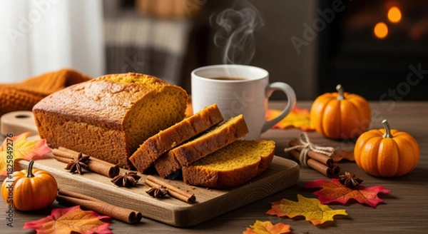 Fototapeta Thanksgiving pumpkin bread with seasonal decoration for cozy celebration. Thanksgiving celebration with fresh baked bread and steaming coffee,