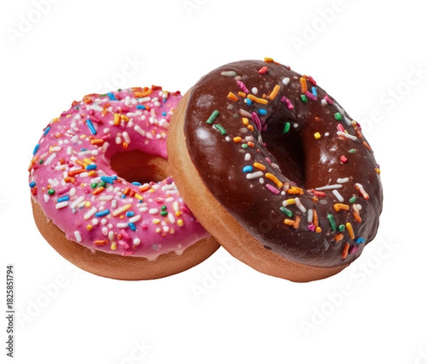 Fototapeta Two frosted doughnuts with colorful sprinkles on a dark background