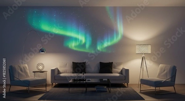 Fototapeta Bring the Aurora Indoors Stunning Scandinavian Interior Design with Northern Lights Projection for Cozy Nights and Peaceful Relaxation at Home
