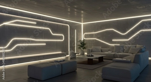 Obraz Relax in this modern living room with stunning neon lighting accents creating a vibrant and elegant atmosphere, perfect for contemporary lifestyle designs