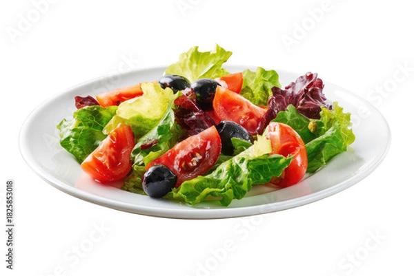 Fototapeta Fresh salad on a white plate with tomatoes and olives