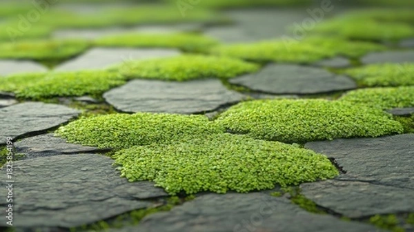 Obraz A close-up view of a mossy rock surface with a variety of green moss patches.