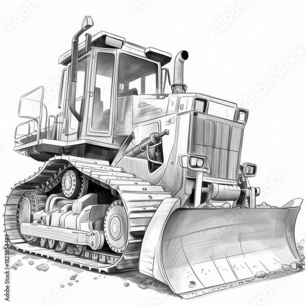 Obraz Detailed monochrome illustration of a bulldozer with a large blade on a white background