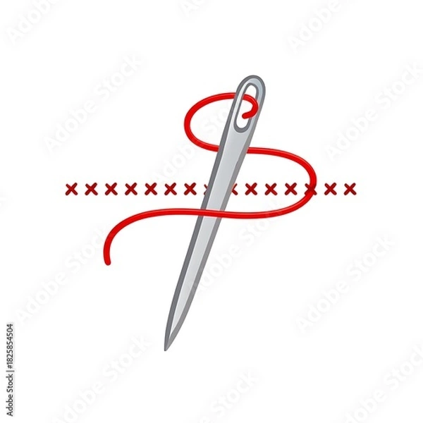 Fototapeta Illustration of needle with red thread and simple cross stitches line