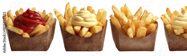 Fototapeta Four servings of fries, two with dipping sauces, in brown paper
