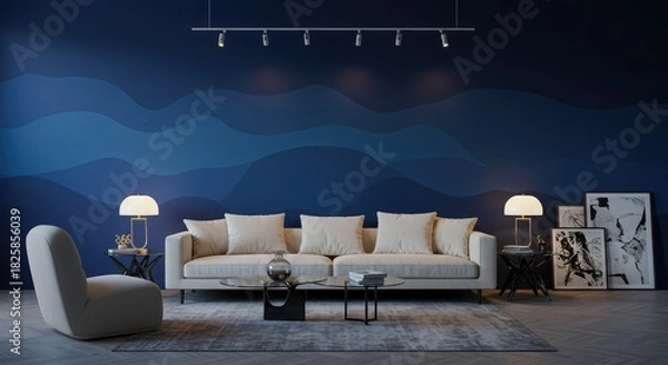 Obraz Stylish modern living room interior with cozy sofa, elegant lighting, and unique wave-patterned wall for ultimate relaxation and sophisticated home decor inspiration