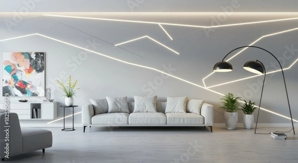 Obraz Elegant living room showcases modern lighting design and minimalist decor for a serene, contemporary lifestyle experience, perfect for interior design inspiration