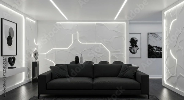 Obraz Sleek modern living room boasts minimalist design with textured walls, stylish black sofa, and artistic decor for an elegant, contemporary lifestyle vibe