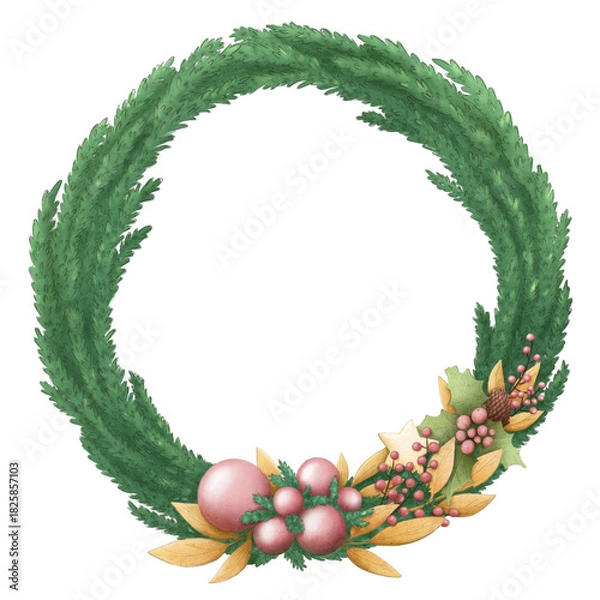 Fototapeta Festive Christmas fir wreath. Home decoration with Christmas balls and holly. Isolated illustration in a simple style.