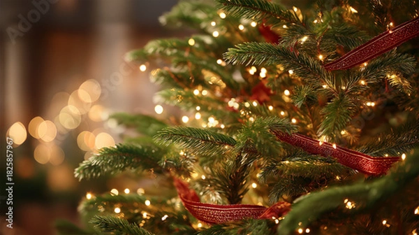 Fototapeta Festive Holiday Tree: Glimmering lights adorn the lush green branches of a Christmas tree, complemented by elegant ribbons, creating a cozy and inviting holiday atmosphere.