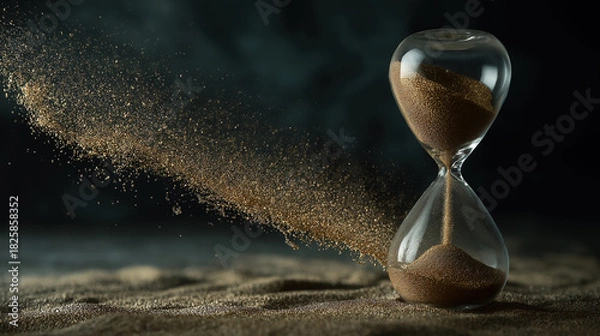 Obraz Transparent Glass Hourglass with Golden Sand Flow and Splash, Capturing the Artistic Moment of Time Passage