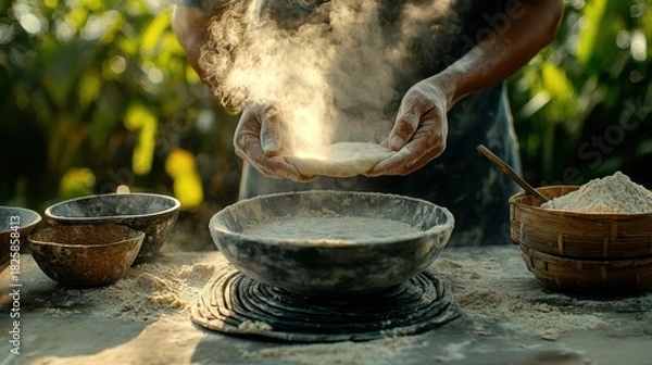 Obraz Hands Sprinkling Flour into Bowl