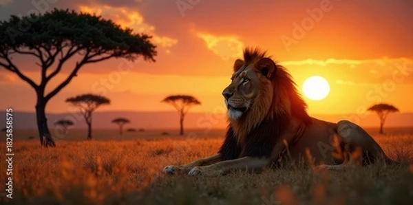 Fototapeta Massive lion lounges majestically amidst acacia trees, savanna sunset ablaze , africa, horizon, cat