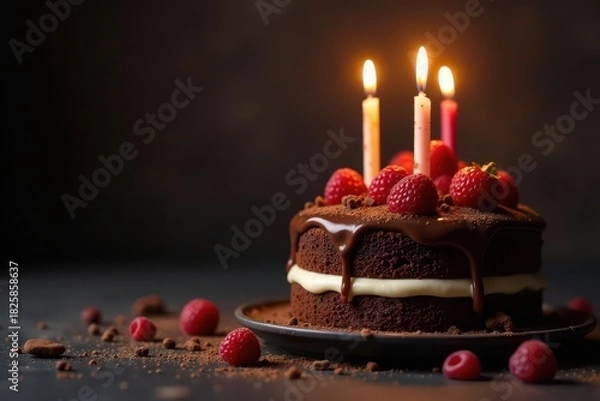 Fototapeta Layered chocolate cake, glowing candles, dark background, dark, layered
