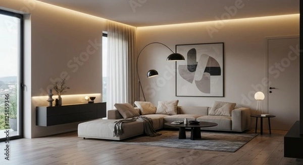 Obraz Elegant modern living room with cozy sectional sofa and minimalist decor bathed in warm light, perfect for relaxation and sophisticated living, a sanctuary of style