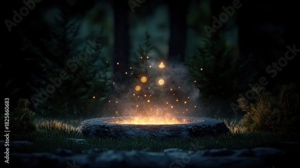 Obraz A mysterious glowing fire pit in a forest at night.