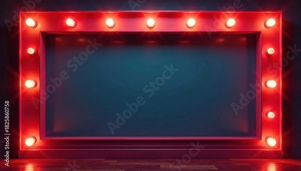Fototapeta Empty retro marquee light frame, glowing bulbs, style, show