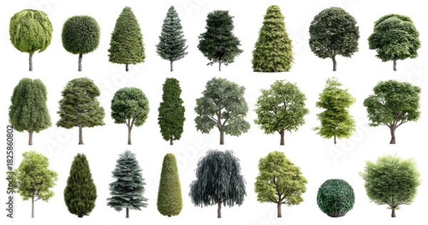 Fototapeta Diverse collection of various trees, isolated on black background