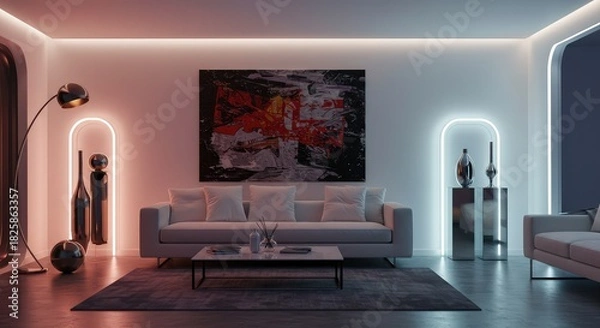 Fototapeta Modern living room interior design showcases vibrant abstract art and stylish furniture with soft lighting and a luxurious vibe for sophisticated urban living