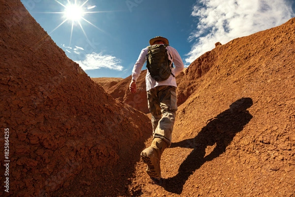 Obraz Man hiker goes at bottom of desert canyon gorge at bright sunny day