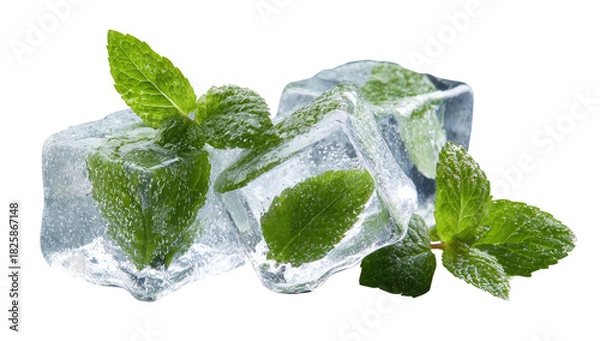 Fototapeta Refreshing mint leaves nestled within glistening ice cubes