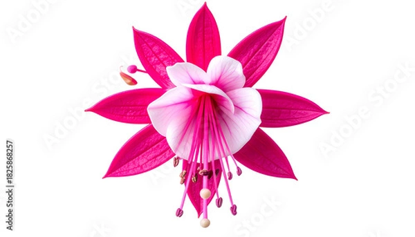 Fototapeta Overhead shot of a fuchsia flower in full bloom, showcasing vibrant pink and white petals