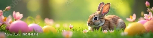Fototapeta Easter bunny rests near colorful egg blossoms , springtime, cheerful