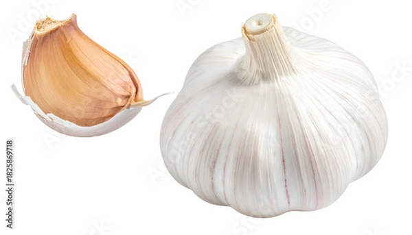 Fototapeta A head of garlic with a clove alongside on a dark backdrop, high-resolution