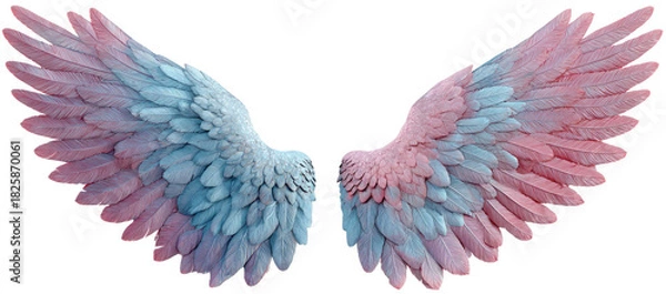 Fototapeta Pair of feathered wings, split color pink and light blue