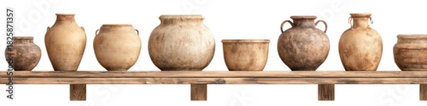 Fototapeta Ancient earthenware vessels of various shapes and sizes displayed on a shelf