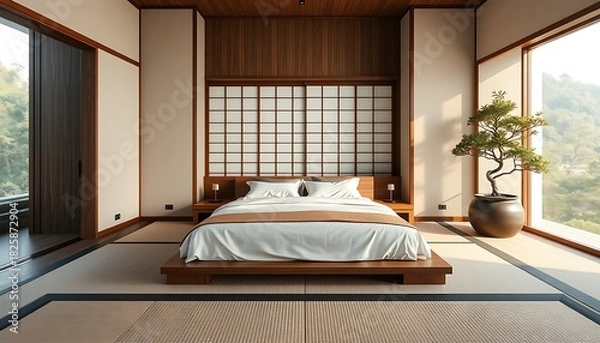 Fototapeta Luxury contemporary hotel room interior design featuring comfortable bedding, wood furniture, and ambient window light