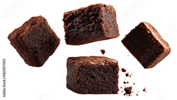 Fototapeta Four chocolate brownie squares floating against a dark background