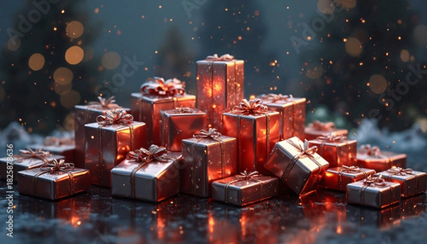 Fototapeta Red Metallic Gift Boxes with Bokeh Background