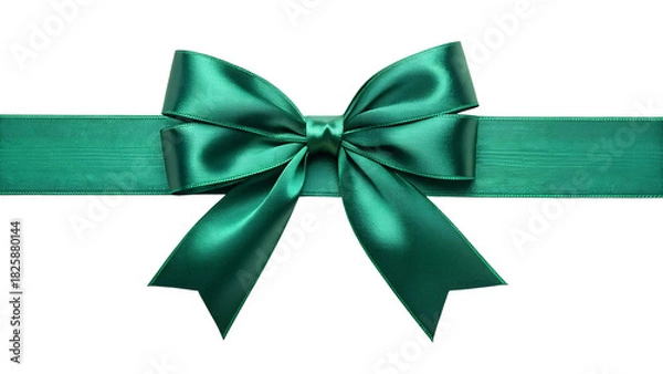 Fototapeta Emerald green satin ribbon tied in a refined bow, festive holiday aesthetic, glossy texture, isolated on transparent background.