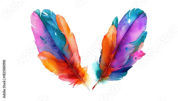 Fototapeta Colorful, abstract feathers create a v-shape on a transparent background