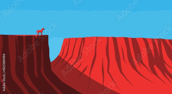 Obraz A small animal stands precariously on a vast red cliff overlooking a deep canyon under a clear blue sky, illustrating nature's grandeur.