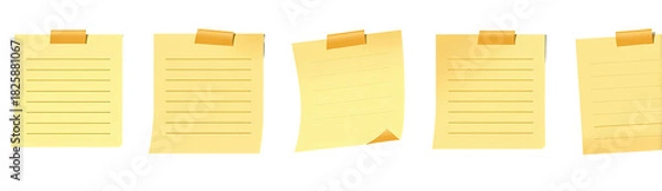 Fototapeta Five yellow lined notes held with tape