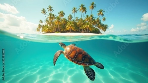 Obraz Sea turtle swims near tropical island paradise under clear blue sky