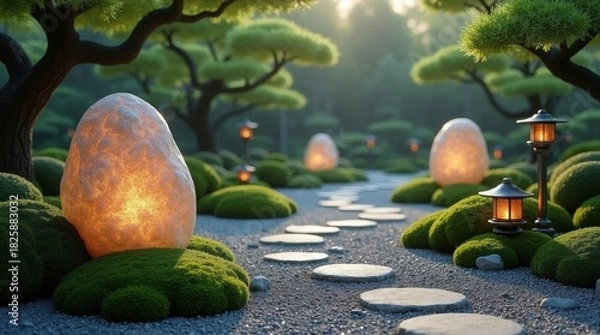 Obraz Tranquil japanese garden path with glowing stones and lanterns at dusk
