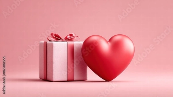 Fototapeta A red heart and a gift box on a pink background, perfect for Valentine's Day.
