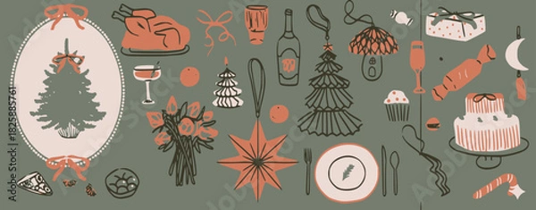 Fototapeta Elegant vector set of Christmas and New Year holiday dinner elements: roasted turkey, champagne, dessert, festive tree, framed wreath, table settings, gifts, and ornaments.