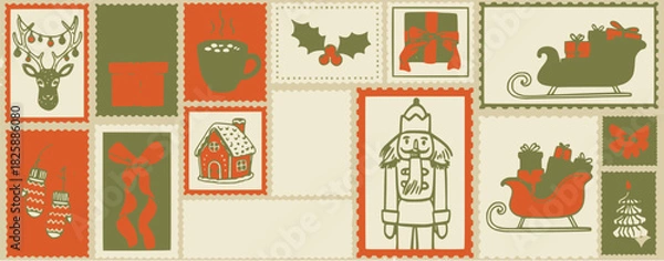 Obraz Seamless vector pattern featuring vintage Christmas postage stamps with holiday icons: reindeer, hot cocoa, sleigh, nutcracker, holly, mittens, gingerbread house, and bows.