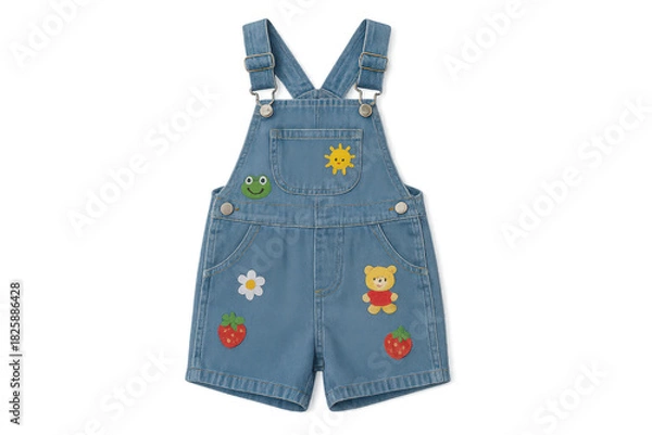 Fototapeta Cute denim overalls with cartoon patches isolated on a transparent background
