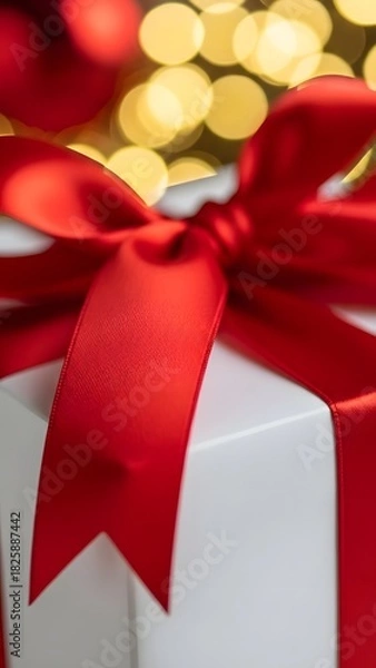 Fototapeta Close up of gift box with red ribbon bow and golden bokeh background