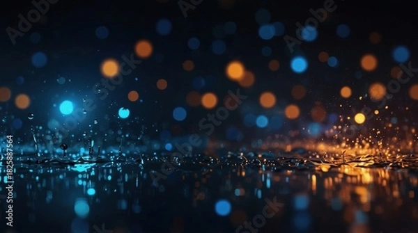 Obraz Abstract bokeh lights in blue and orange reflecting on a dark surface