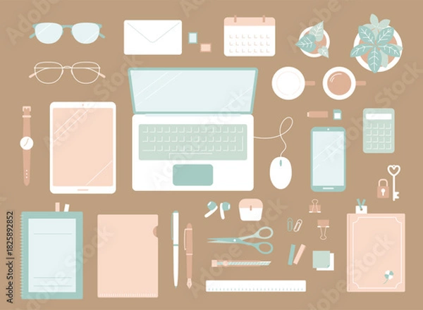 Fototapeta くすみカラーの俯瞰ビジネスデスクセット／パステル文房具とPCのフラットレイ